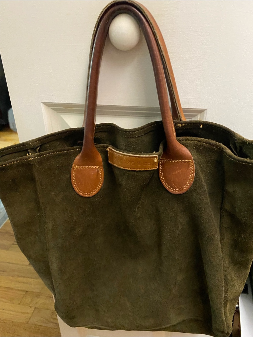Vintage G.H. Bass & Co Olive Green Suede Tote Brown Leather Handles